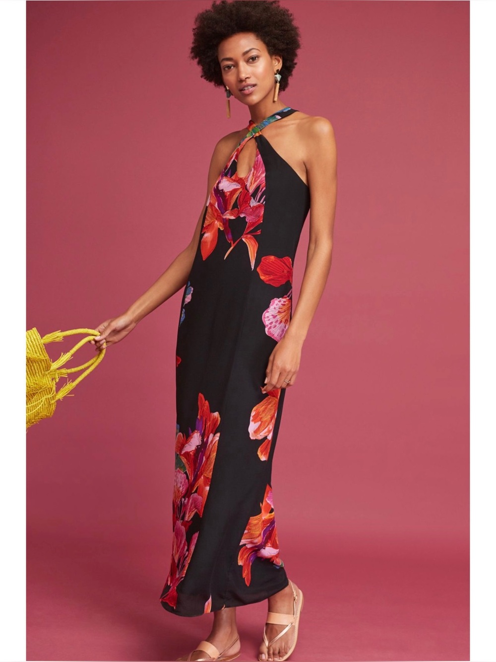 ANTHROPOLOGIE | Maeve Cayman Silk Maxi Dress in Black Floral, Size Large
